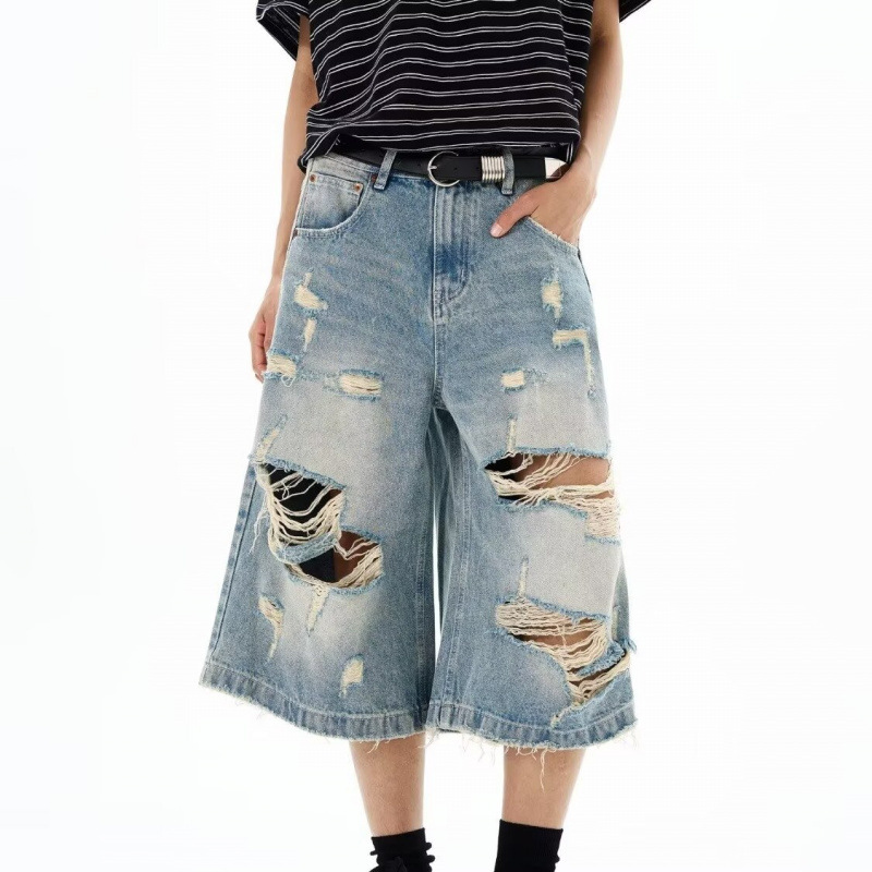 Vintage Fashion Jeans - New Men Vintage Ripped Baggy Short