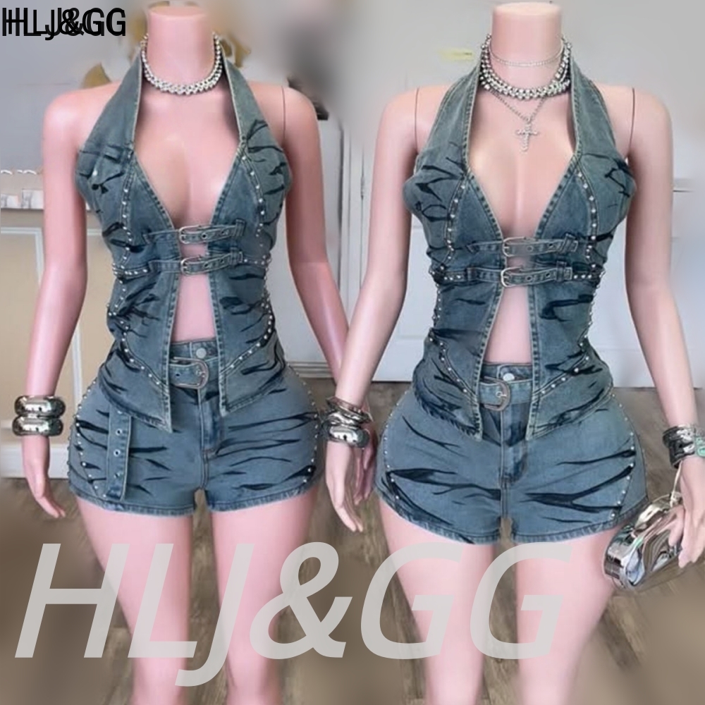V Vintage Fashion - HLJ&GG Blue Vintage Denim Hollow Out